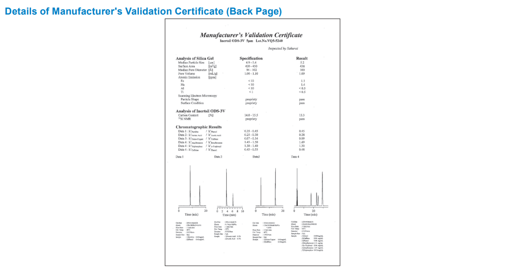 Inertsil ODS-3V C18 HPLC Columns Validation certificate